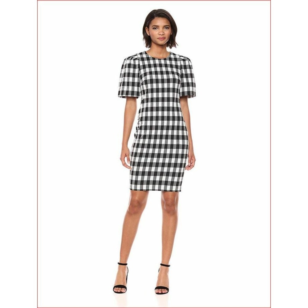 Calvin Klein Womens Black White Gingham Puff Sleeve Sheath Dress CD8C25RC Size 2